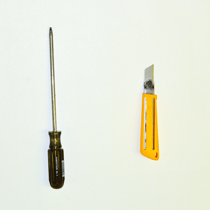 tools for the homemade water rocket launcher assembly, screwdriver and exacto blade